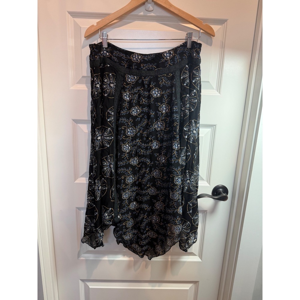 Temptation Black Floral Embroidered Handkerchief Hem Midi Skirt Sequin Lace M